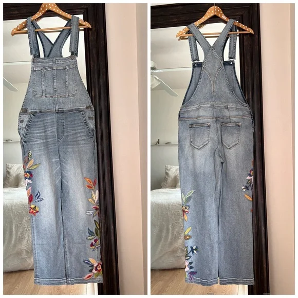 Driftwood Brady Floral Embroidered Denim Overalls Large New With Tags - Picture 2 of 5